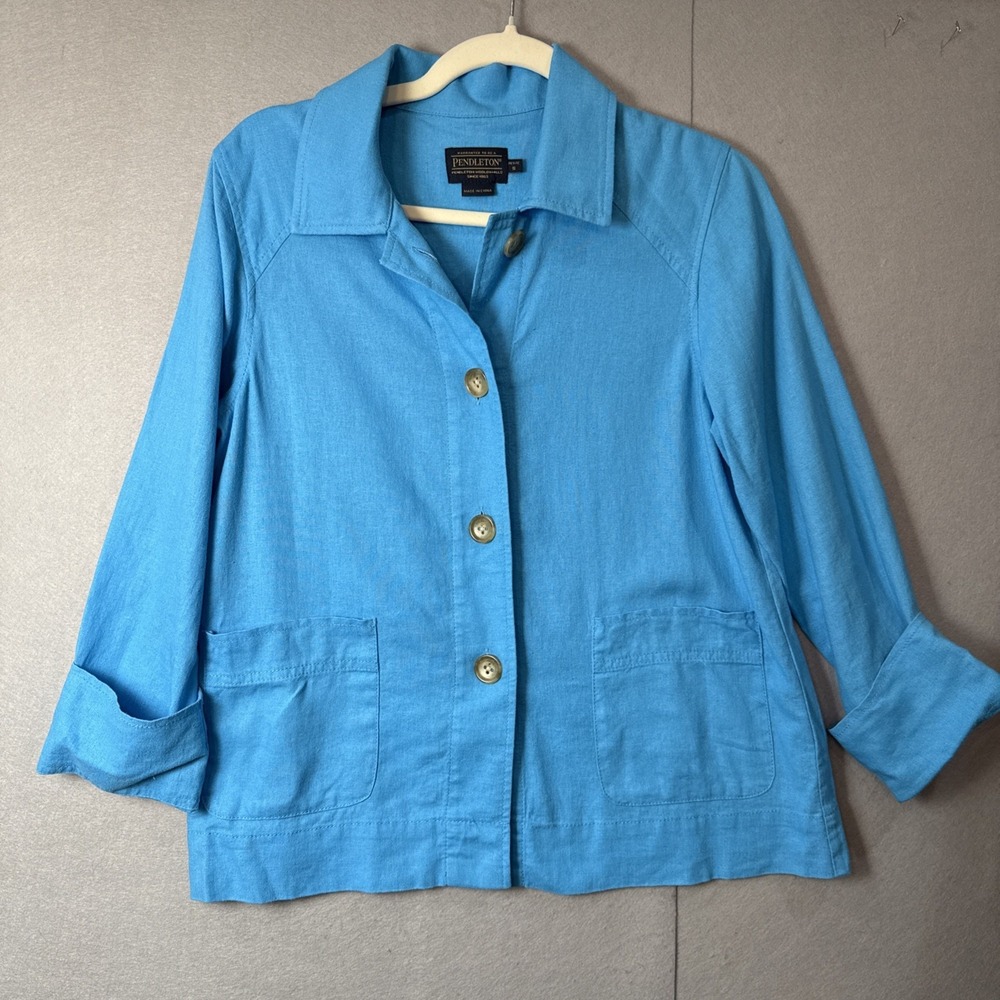 Vintage Pendleton Blazer Linen Blend Women'sPetite S Button Up Teal Blue Jacket